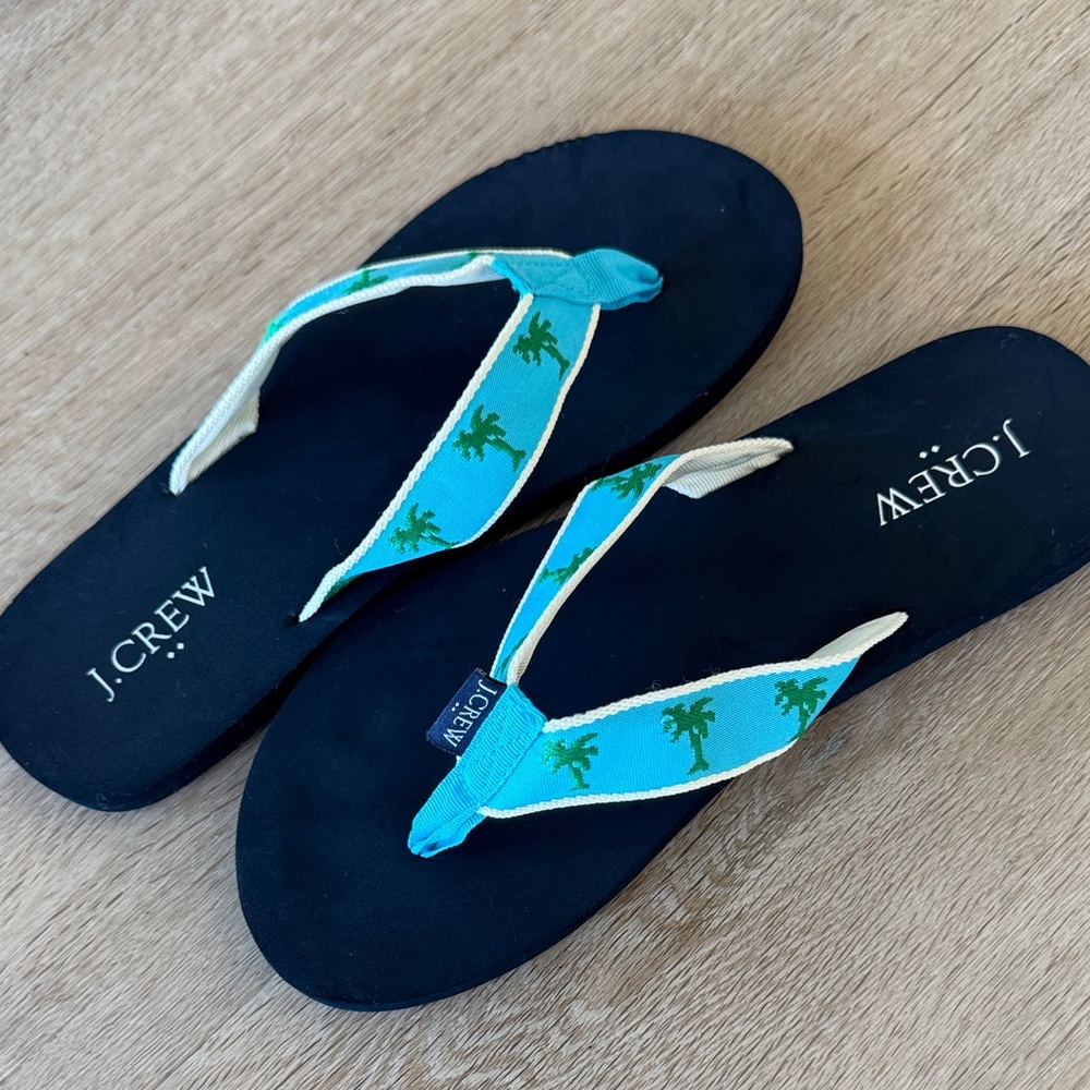 J. Crew Black and Blue Palm Tree Flip Flops
